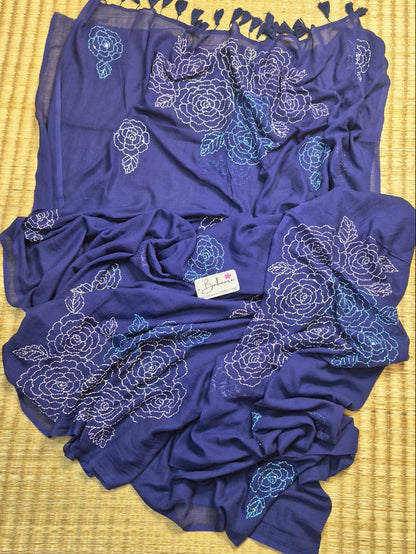Mohini | Indigo Blue Mul Mul Cotton Saree with Kantha Hand Embroidery