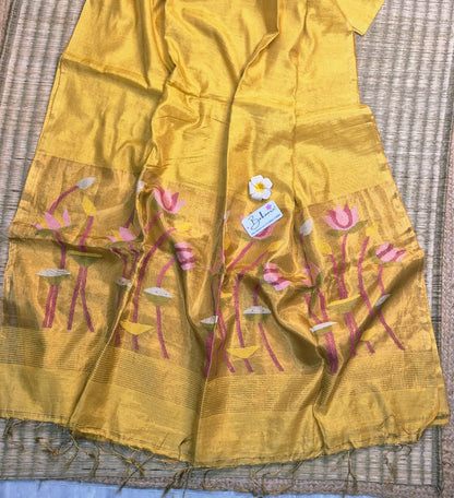 Springtime Serenity | Golden Yellow Tissue Linen Saree with Paithani Motif