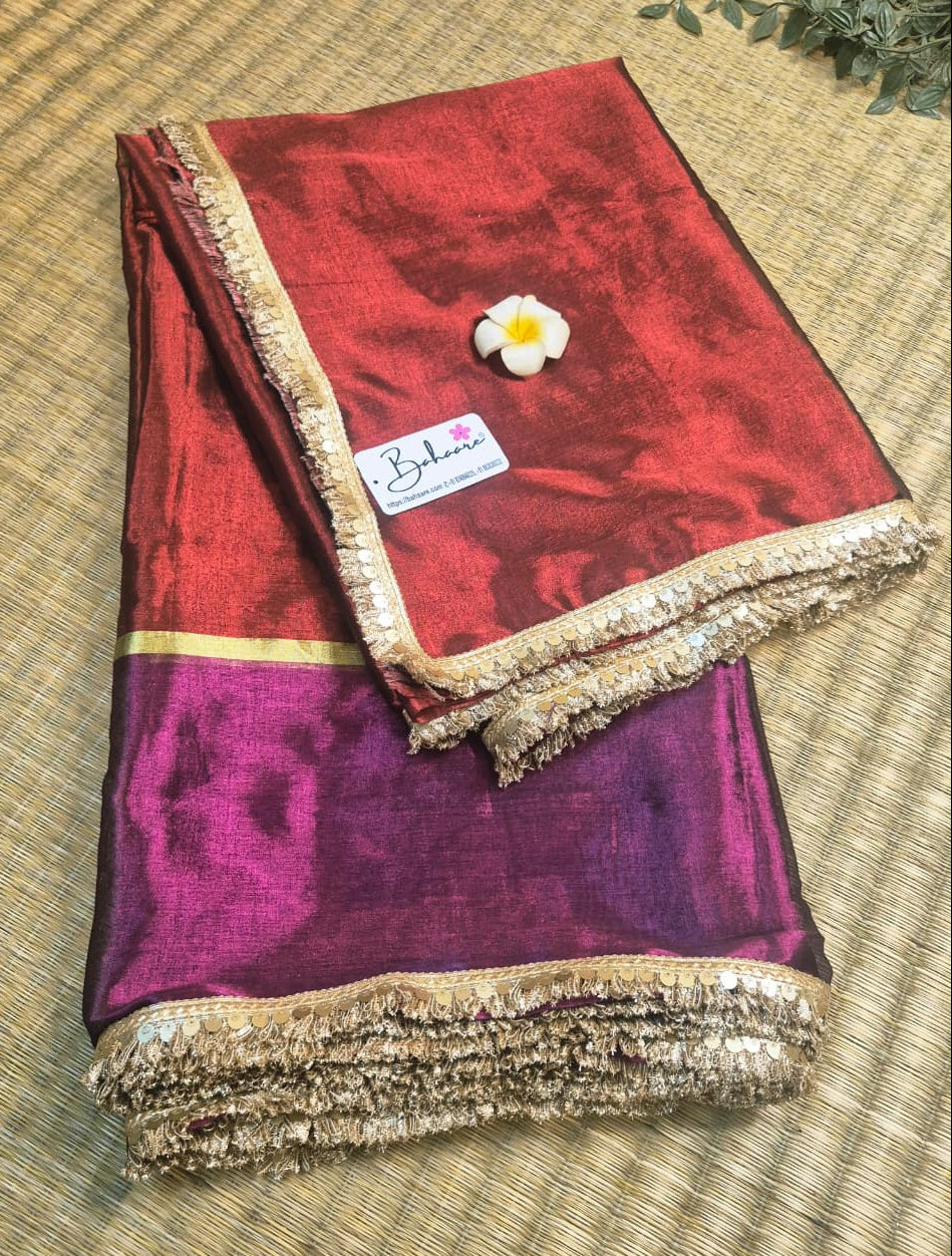 Megha | Burnt Maroon with Magenta Tissue Saree with Zari Lace
