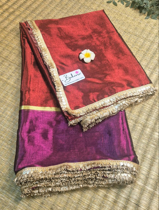 Megha | Burnt Maroon with Magenta Tissue Saree with Zari Lace