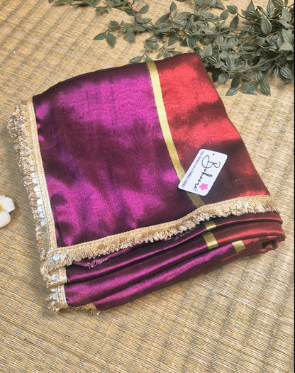 Megha | Burnt Maroon with Magenta Tissue Saree with Zari Lace