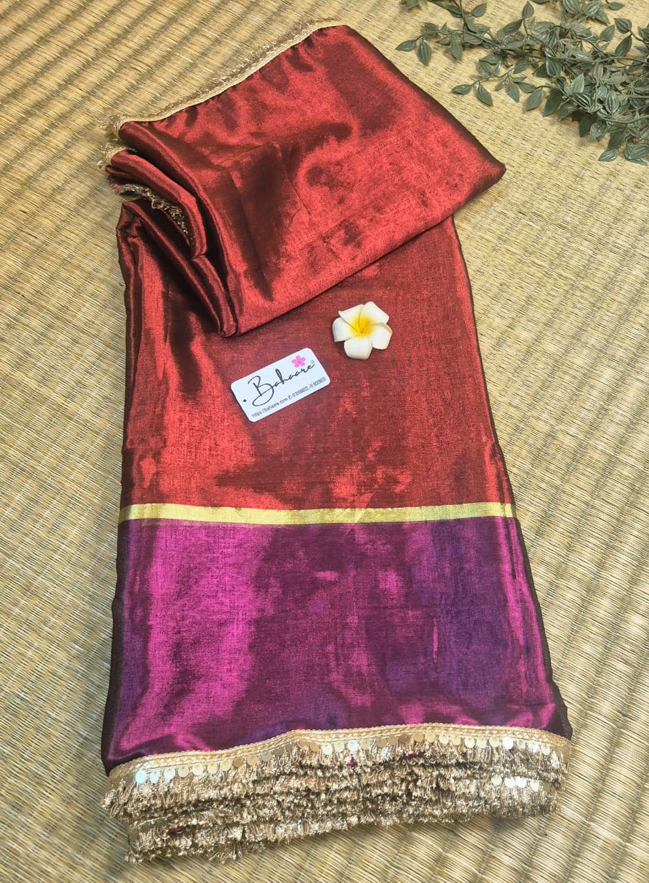 Megha | Burnt Maroon with Magenta Tissue Saree with Zari Lace