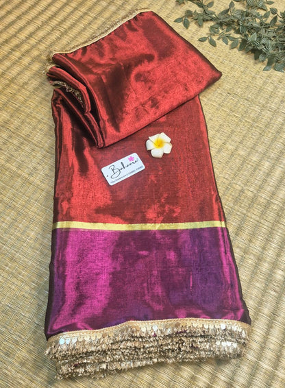 Megha | Burnt Maroon with Magenta Tissue Saree with Zari Lace