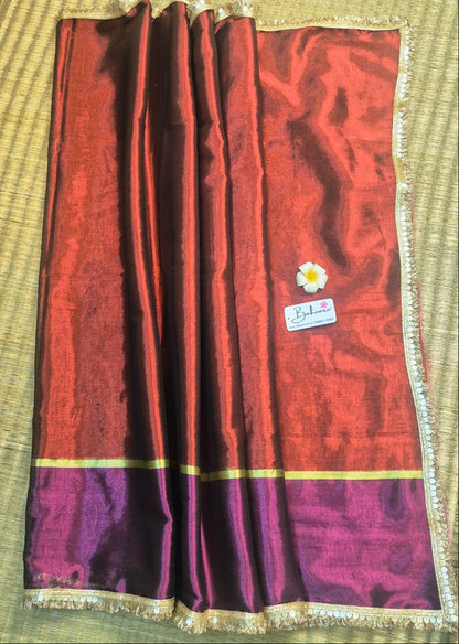 Megha | Burnt Maroon with Magenta Tissue Saree with Zari Lace