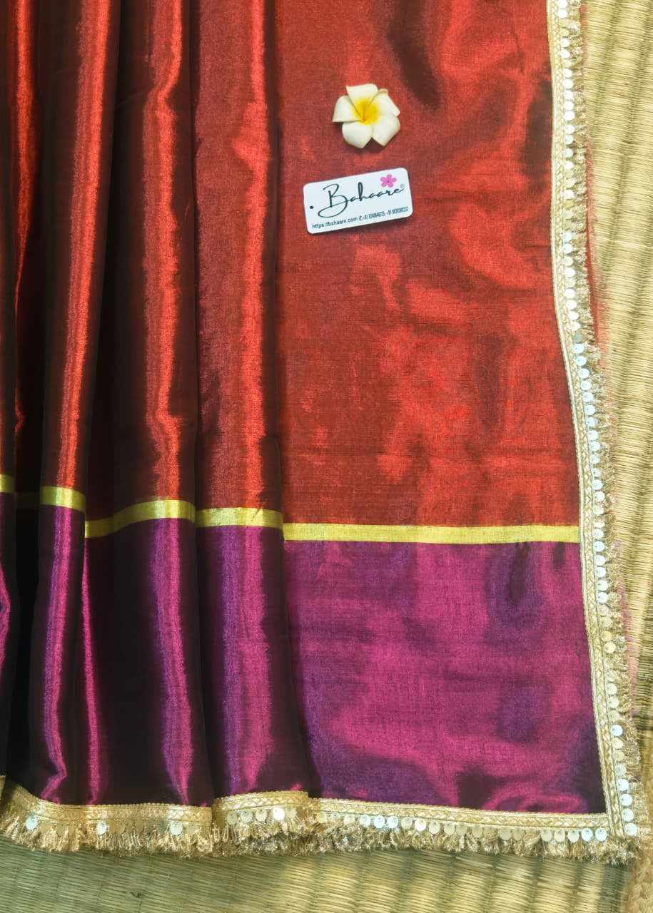 Megha | Burnt Maroon with Magenta Tissue Saree with Zari Lace