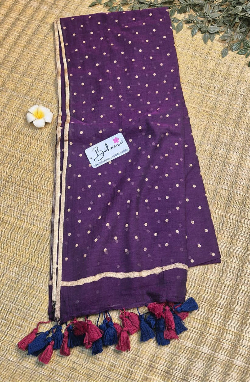 Polka Passion | Purple Mul Mul Cotton Saree with Golden Polka Dots