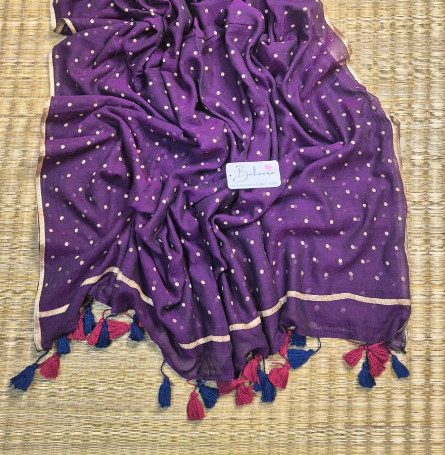 Polka Passion | Purple Mul Mul Cotton Saree with Golden Polka Dots
