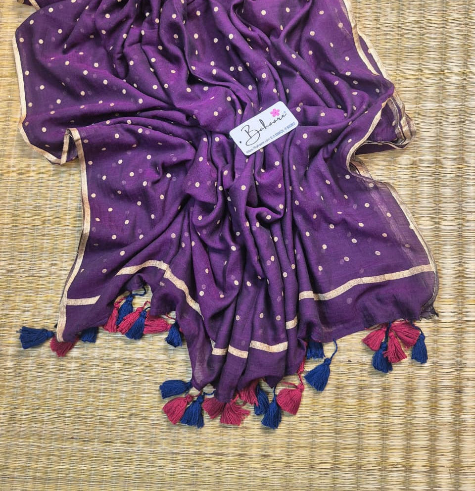 Polka Passion | Purple Mul Mul Cotton Saree with Golden Polka Dots