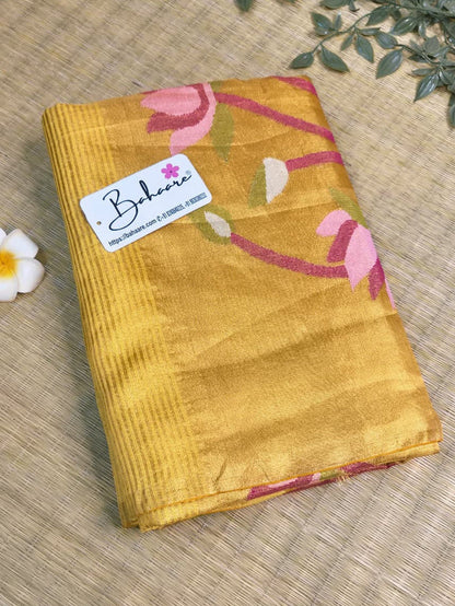 Springtime Serenity | Golden Yellow Tissue Linen Saree with Paithani Motif