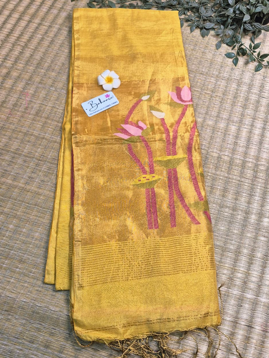 Springtime Serenity | Golden Yellow Tissue Linen Saree with Paithani Motif