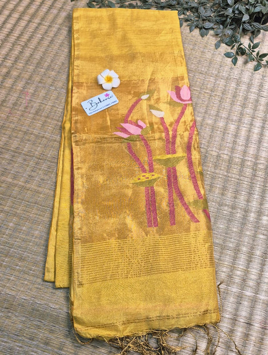Springtime Serenity | Golden Yellow Tissue Linen Saree with Paithani Motif