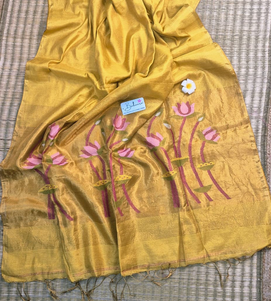 Springtime Serenity | Golden Yellow Tissue Linen Saree with Paithani Motif