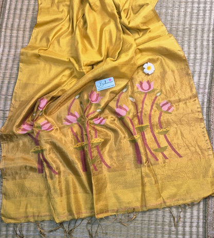 Springtime Serenity | Golden Yellow Tissue Linen Saree with Paithani Motif