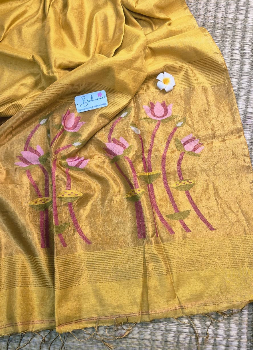 Springtime Serenity | Golden Yellow Tissue Linen Saree with Paithani Motif