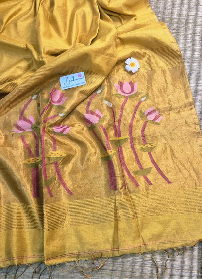 Springtime Serenity | Golden Yellow Tissue Linen Saree with Paithani Motif