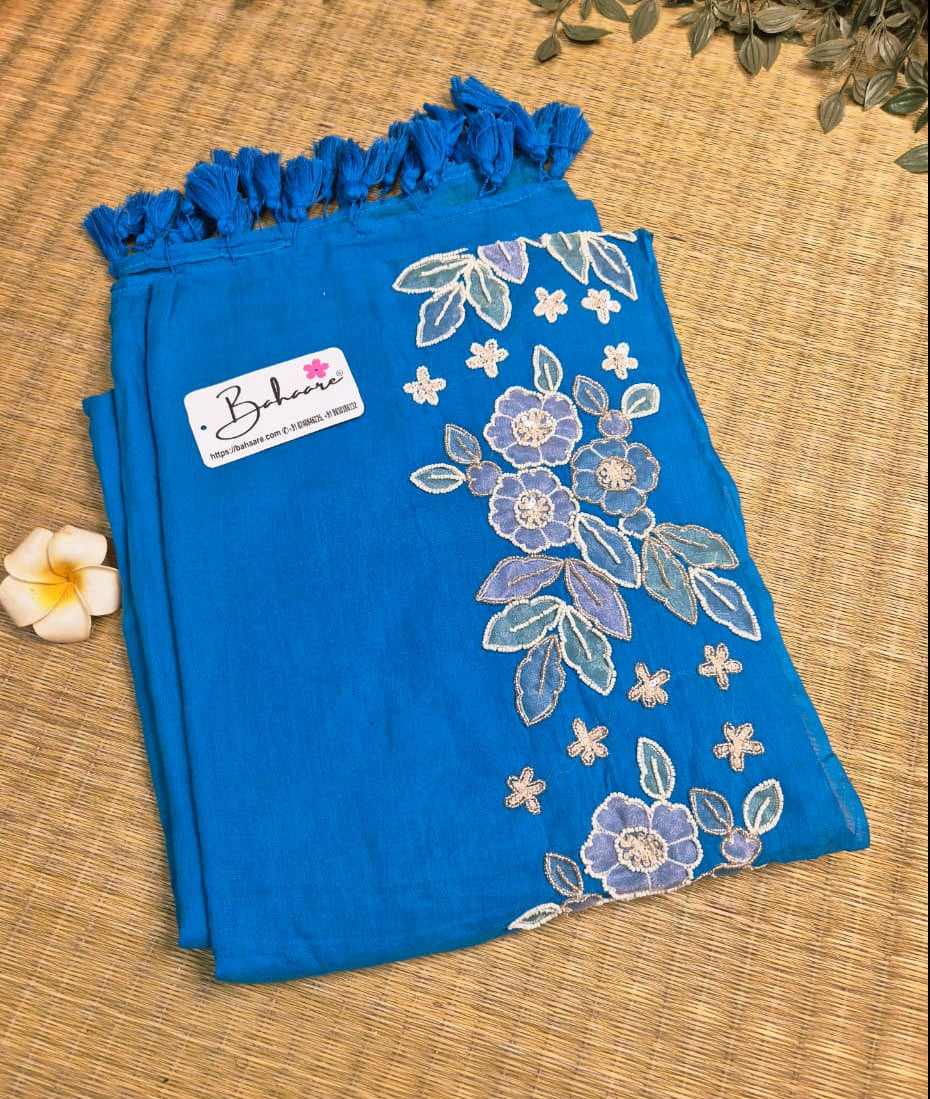 Mohini | Cobalt Blue Mul Mul Cotton Saree with Handcrafted Moti Work on Front Top Part