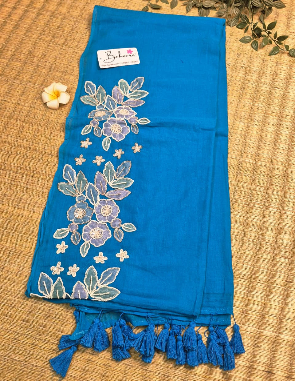 Mohini | Cobalt Blue Mul Mul Cotton Saree with Handcrafted Moti Work on Front Top Part