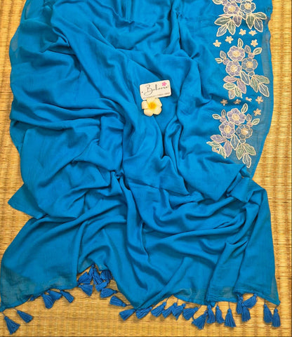 Mohini | Cobalt Blue Mul Mul Cotton Saree with Handcrafted Moti Work on Front Top Part