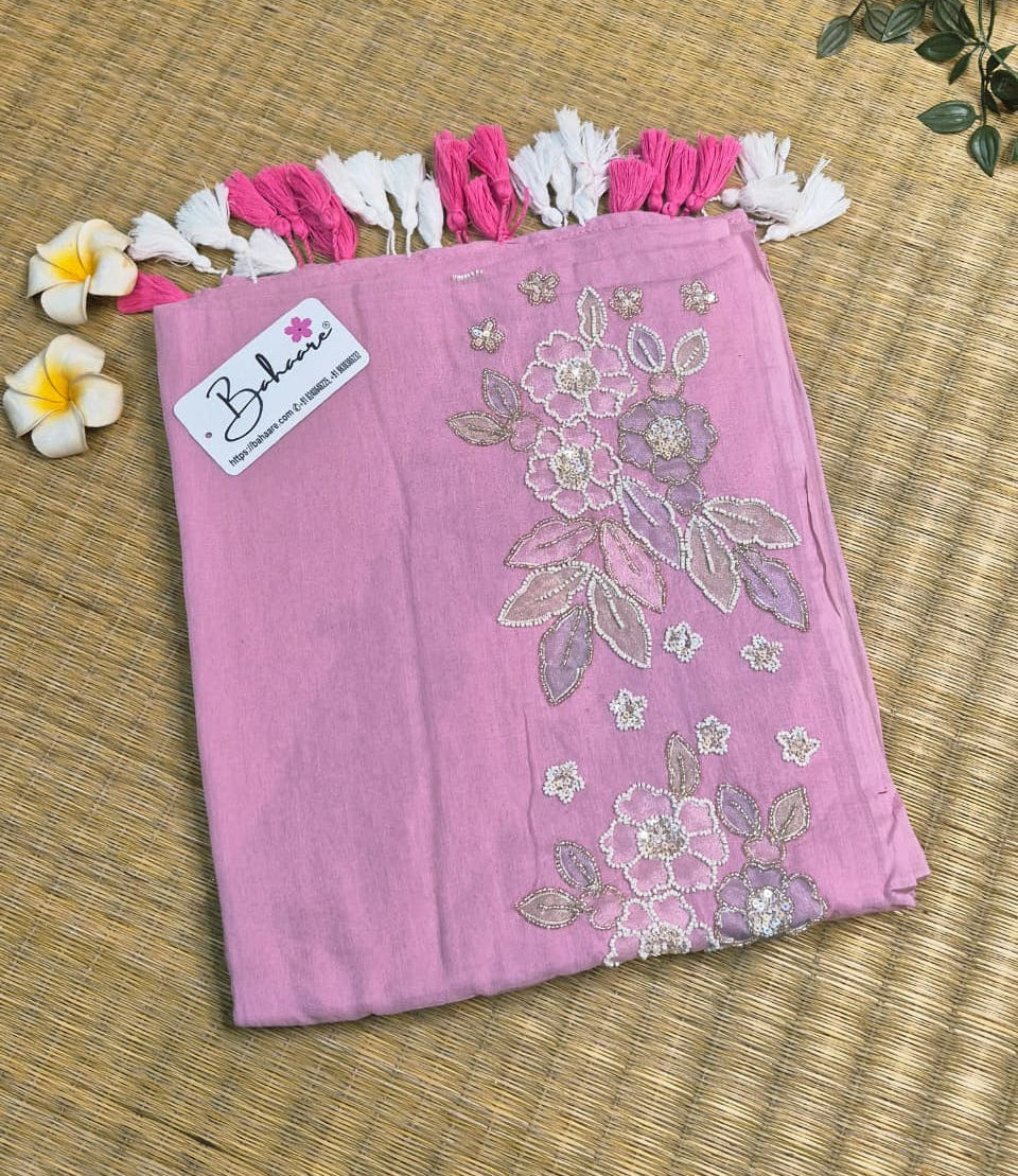 Mohini | Soft Blush Pink Mul Mul Cotton Saree with Handcrafted Moti Work on Front Top Part