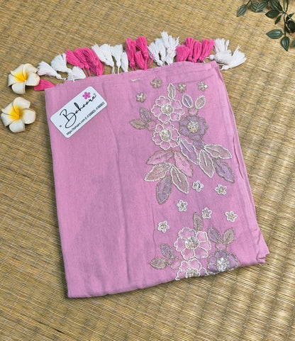 Mohini | Soft Blush Pink Mul Mul Cotton Saree with Handcrafted Moti Work on Front Top Part