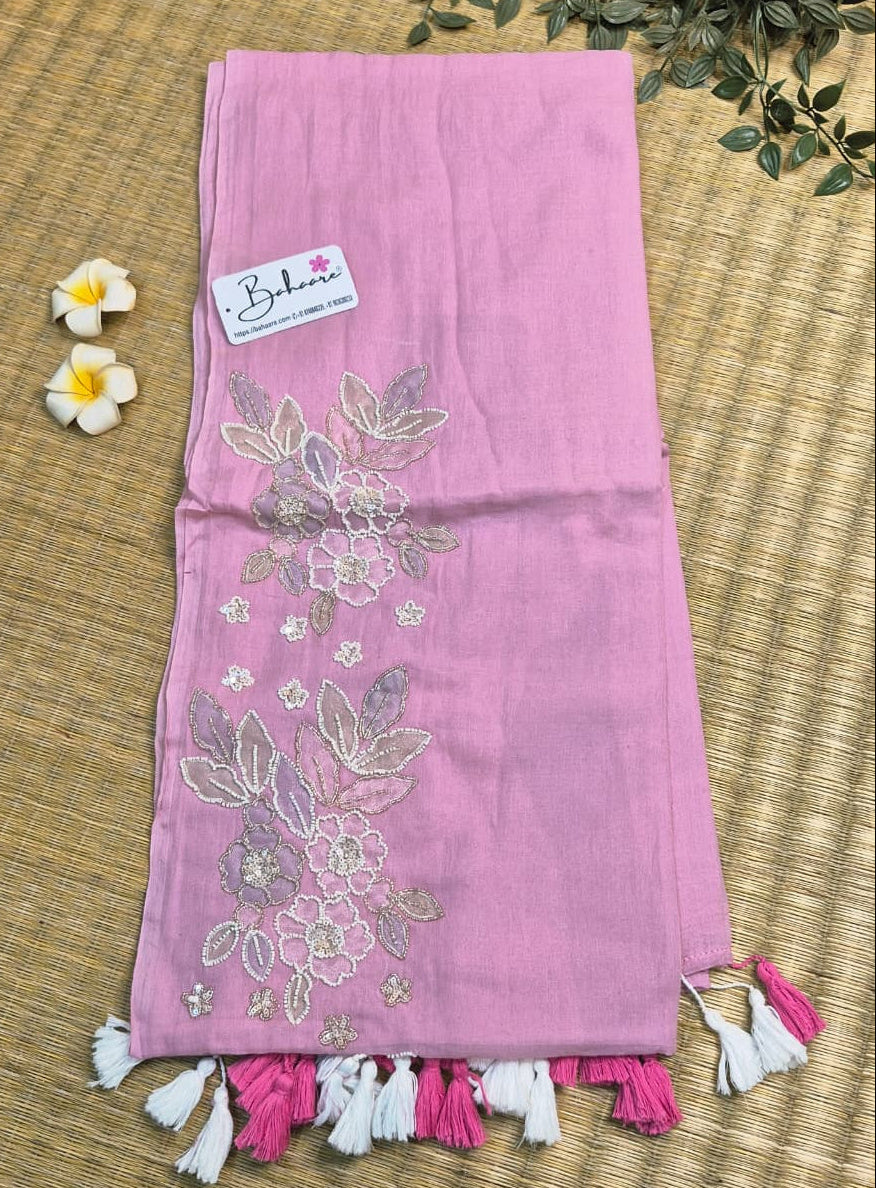 Mohini | Soft Blush Pink Mul Mul Cotton Saree with Handcrafted Moti Work on Front Top Part