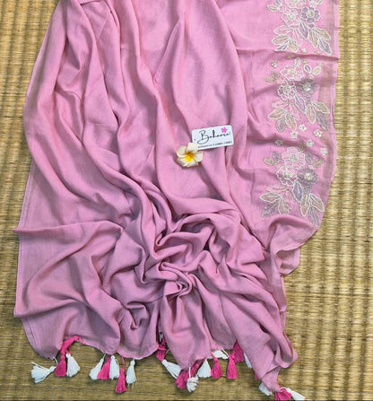 Mohini | Soft Blush Pink Mul Mul Cotton Saree with Handcrafted Moti Work on Front Top Part