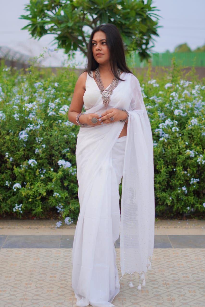 Shimmering Starlight | White Sequin Mul Mul Cotton Saree