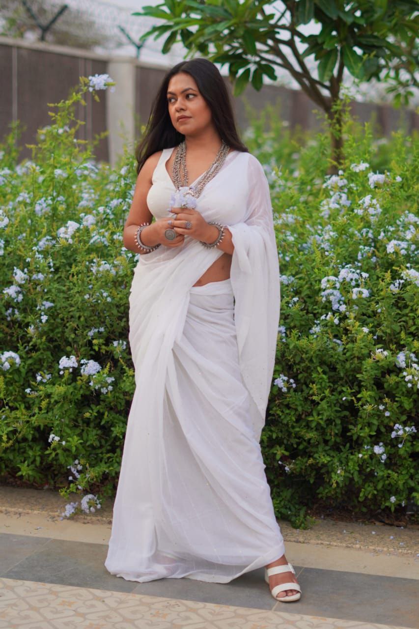 Shimmering Starlight | White Sequin Mul Mul Cotton Saree